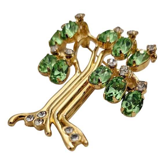 KJL Tree Of Life Green Uranium Glass Rhinestone Dangle Brooch Pin Signed, J104 - Picture 4 of 9